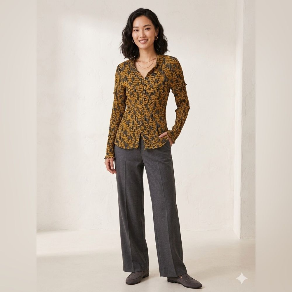 The Fold London Size 10 Textured Button Front Top Mustard Black Stretch Blouse